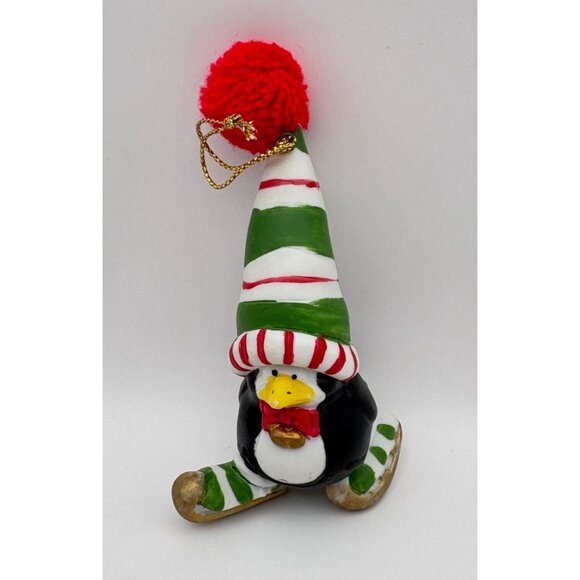 Vintage Ice Skating Penguin Christmas Tree Ornament Striped Hat Hand Painted - Picture 6 of 6